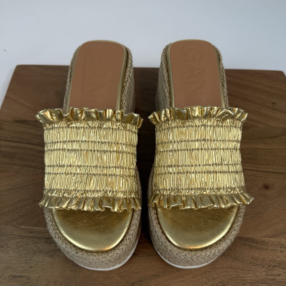 New $445 Womens Ganni Smock Espadrille Platform‎ Wedge Slide Sandals Sz 38 M
